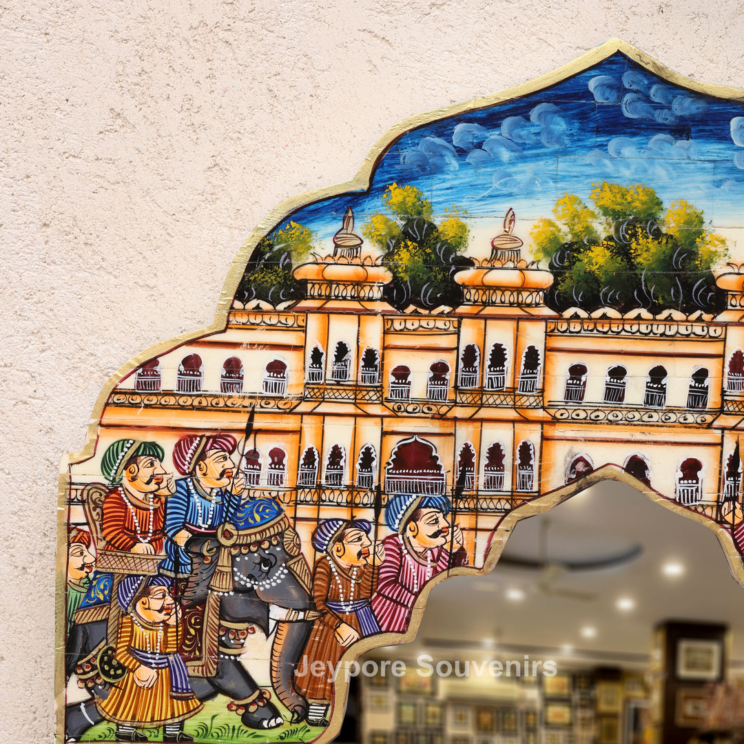 Royal Haveli Camel Bone Inlay Wall Mirror with Colorful Miniature Painting