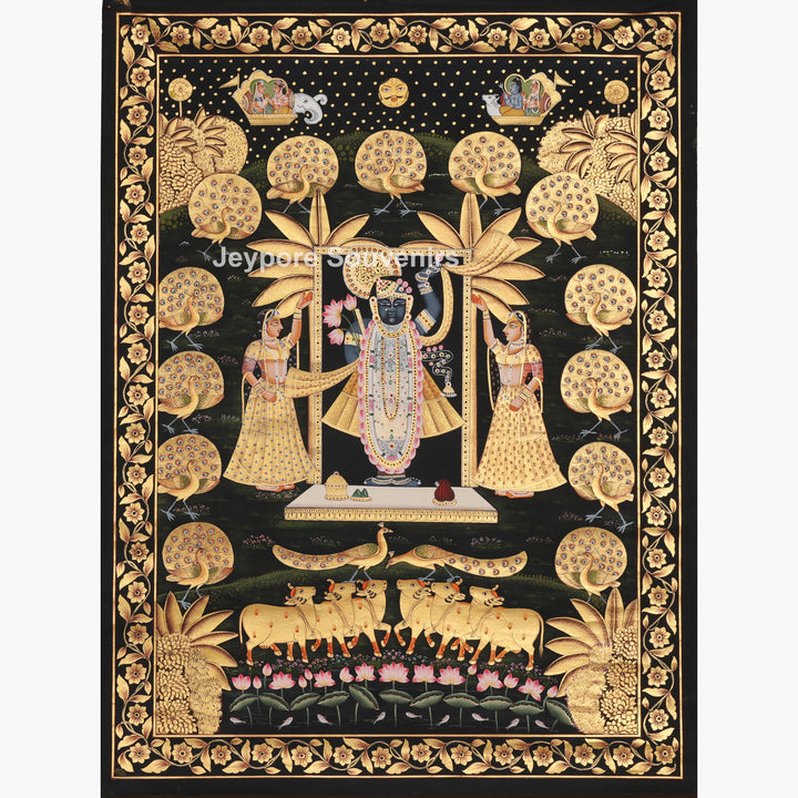 Hand-Painted Krishna Pichwai with Peacocks