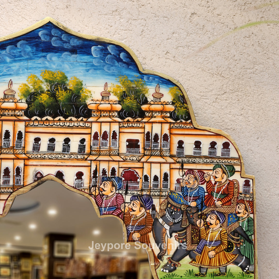 Royal Haveli Camel Bone Inlay Wall Mirror with Colorful Miniature Painting