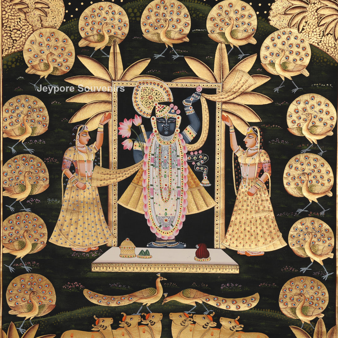 Hand-Painted Krishna Pichwai with Peacocks