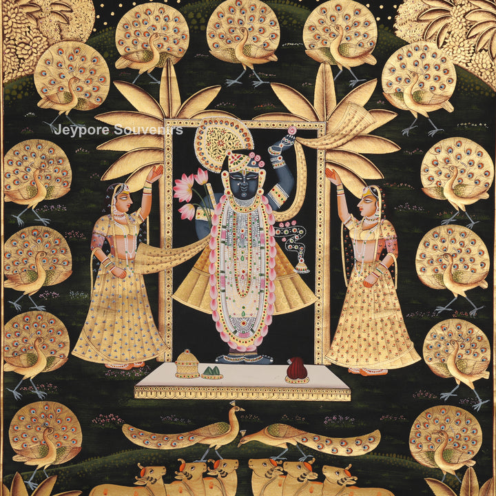 Hand-Painted Krishna Pichwai with Peacocks
