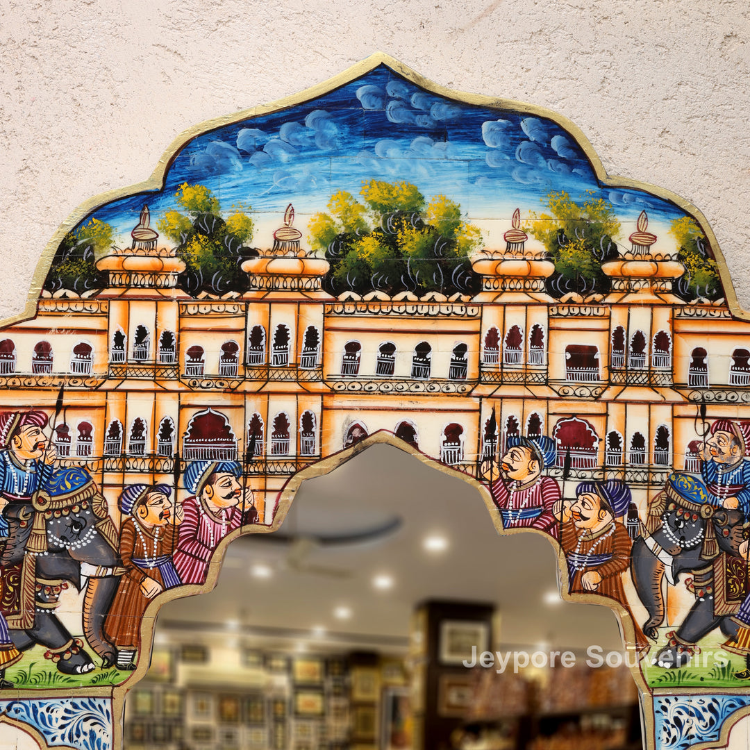 Royal Haveli Camel Bone Inlay Wall Mirror with Colorful Miniature Painting
