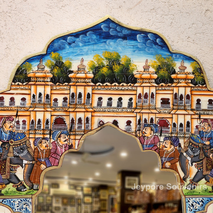 Royal Haveli Camel Bone Inlay Wall Mirror with Colorful Miniature Painting