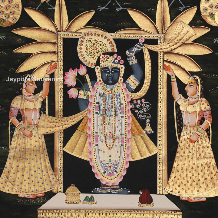 Hand-Painted Krishna Pichwai with Peacocks