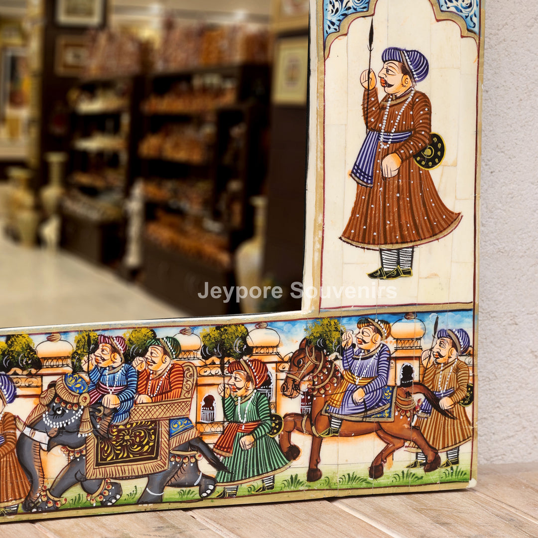 Royal Haveli Camel Bone Inlay Wall Mirror with Colorful Miniature Painting