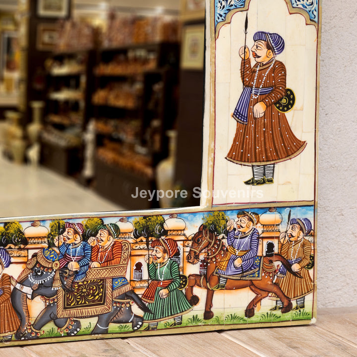 Royal Haveli Camel Bone Inlay Wall Mirror with Colorful Miniature Painting