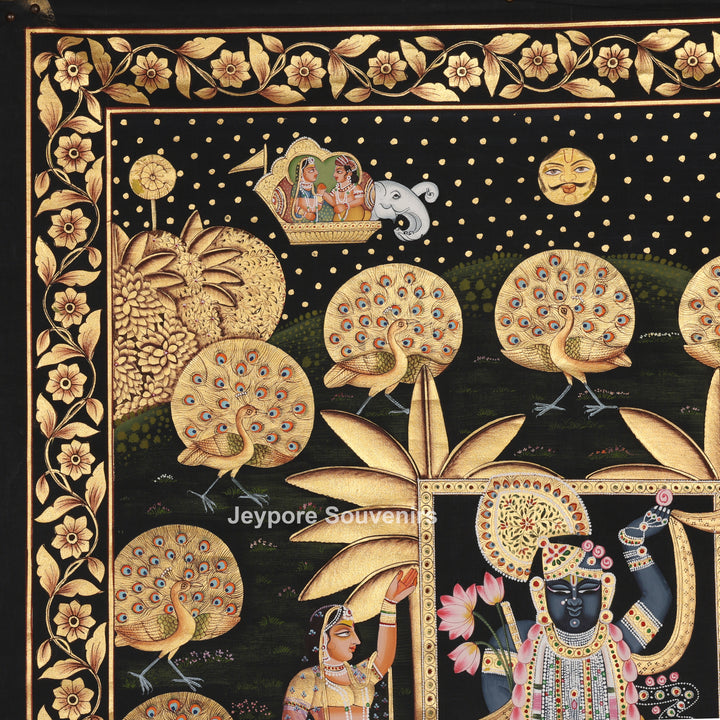 Hand-Painted Krishna Pichwai with Peacocks