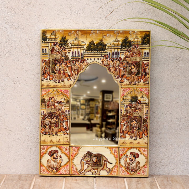 Royal Elephant Procession Camel Bone Inlay Wall Mirror