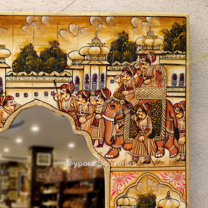 Royal Elephant Procession Camel Bone Inlay Wall Mirror