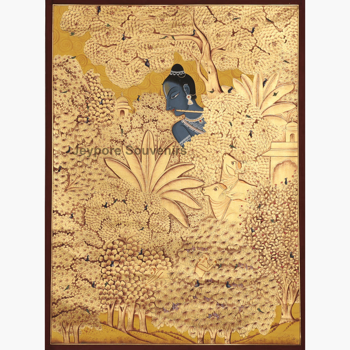 Hand-Painted Golden Forest Krishna - Pichwai