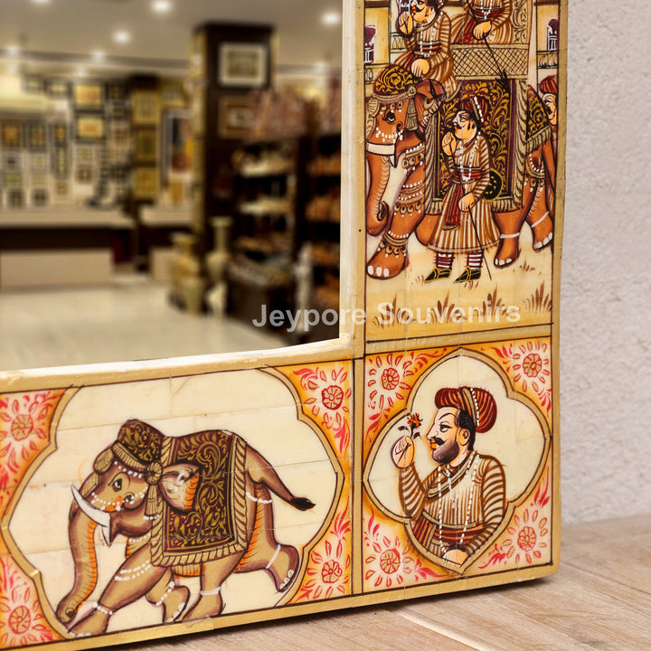 Royal Elephant Procession Camel Bone Inlay Wall Mirror