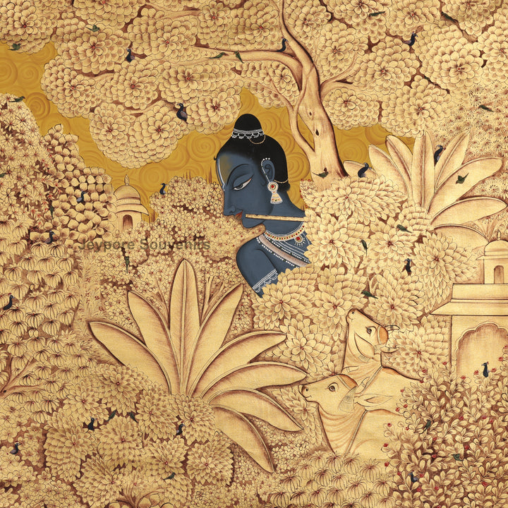 Hand-Painted Golden Forest Krishna - Pichwai
