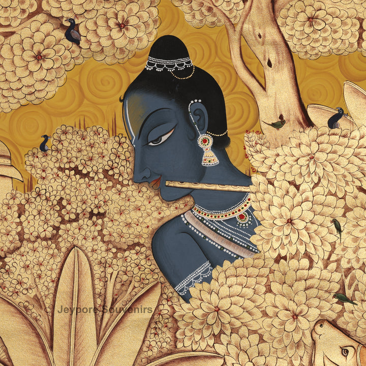 Hand-Painted Golden Forest Krishna - Pichwai