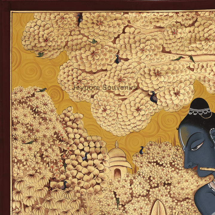 Hand-Painted Golden Forest Krishna - Pichwai