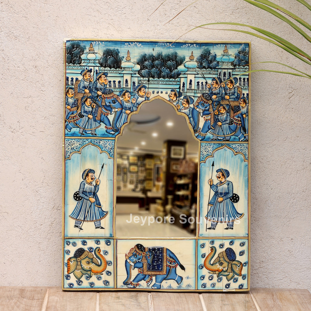 Blue Royal Elephant Procession Camel Bone Inlay Wall Mirror With Rajasthani Miniature Art