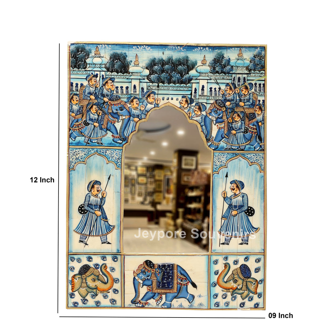 Blue Royal Elephant Procession Camel Bone Inlay Wall Mirror With Rajasthani Miniature Art