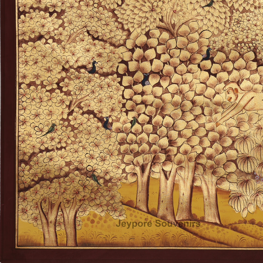 Hand-Painted Golden Forest Krishna - Pichwai