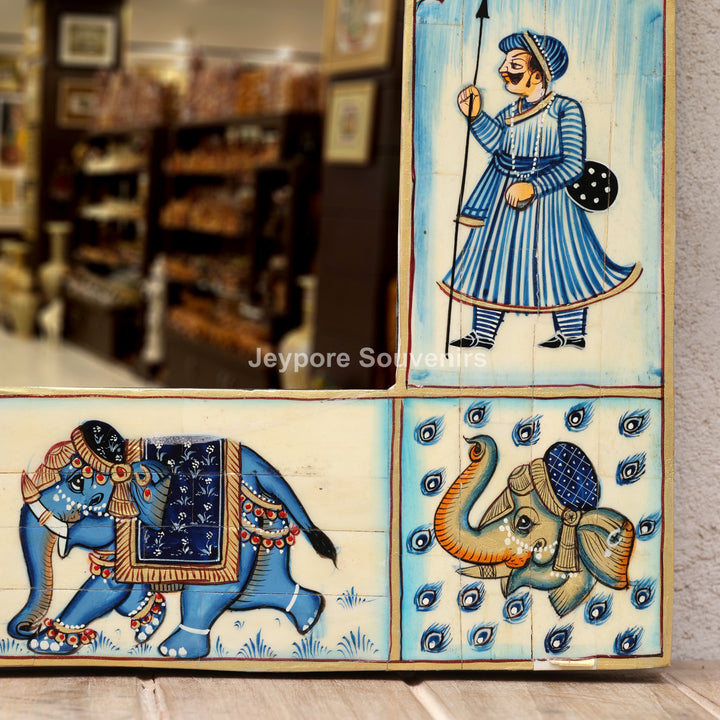 Blue Royal Elephant Procession Camel Bone Inlay Wall Mirror With Rajasthani Miniature Art
