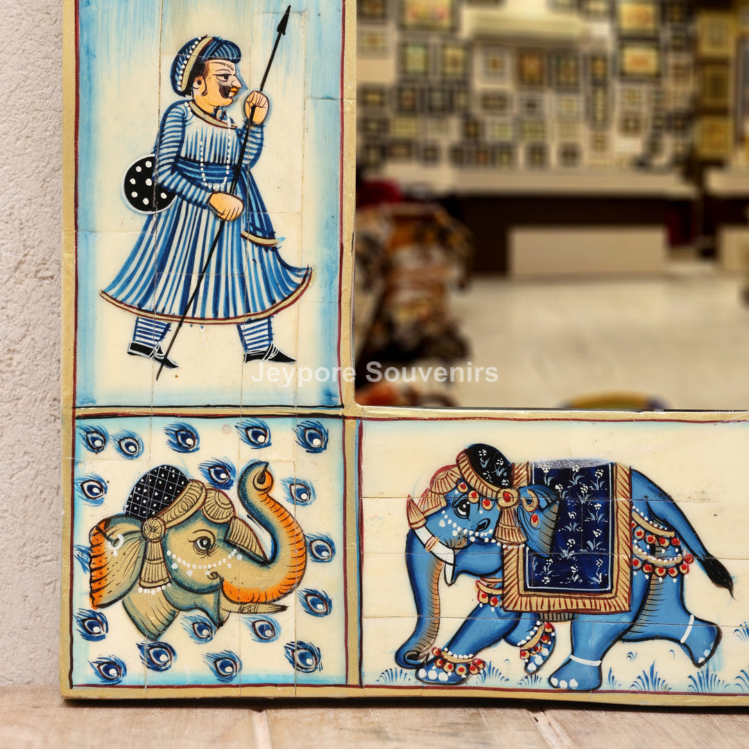 Blue Royal Elephant Procession Camel Bone Inlay Wall Mirror With Rajasthani Miniature Art