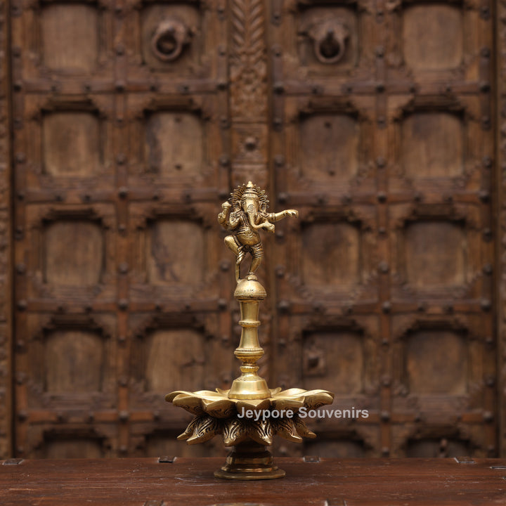 14" Handcrafted Brass Dancing Ganesha Diya Lamp