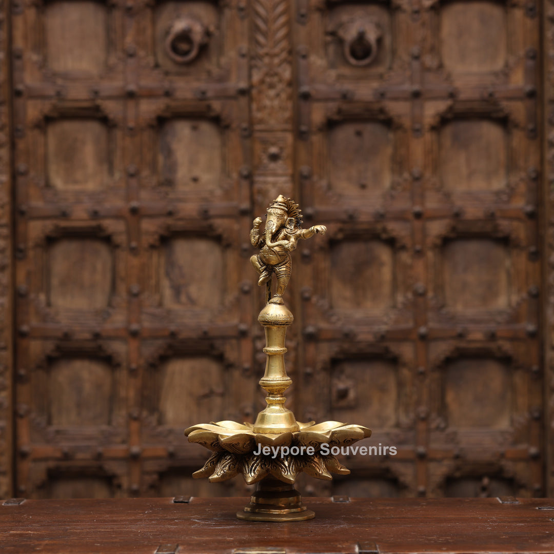 14" Handcrafted Brass Dancing Ganesha Diya Lamp