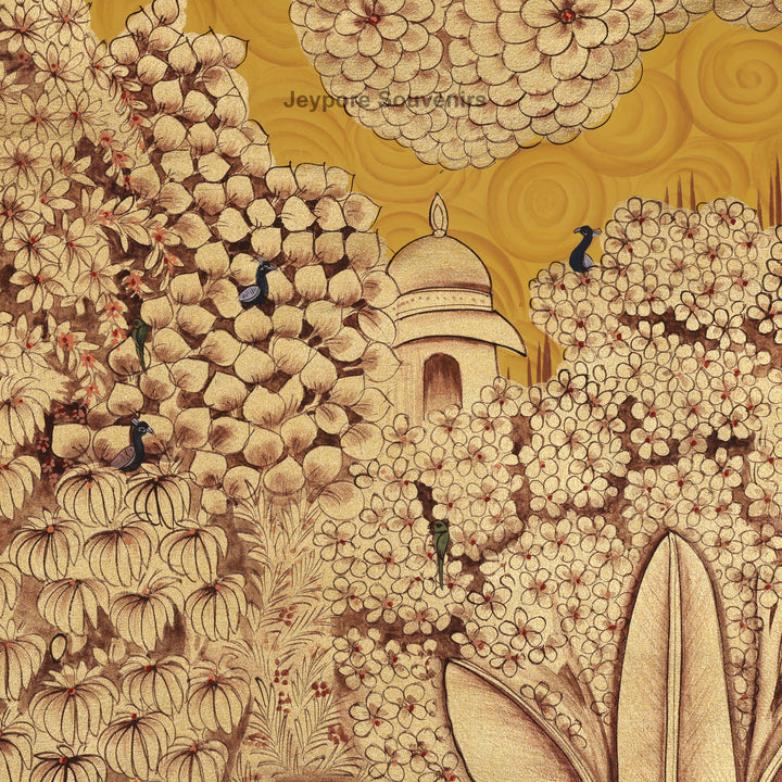 Hand-Painted Golden Forest Krishna - Pichwai