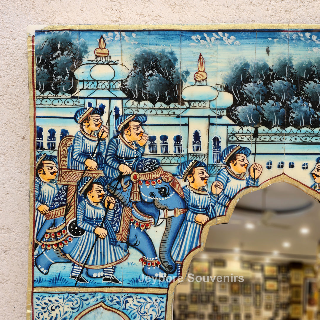 Blue Royal Elephant Procession Camel Bone Inlay Wall Mirror With Rajasthani Miniature Art