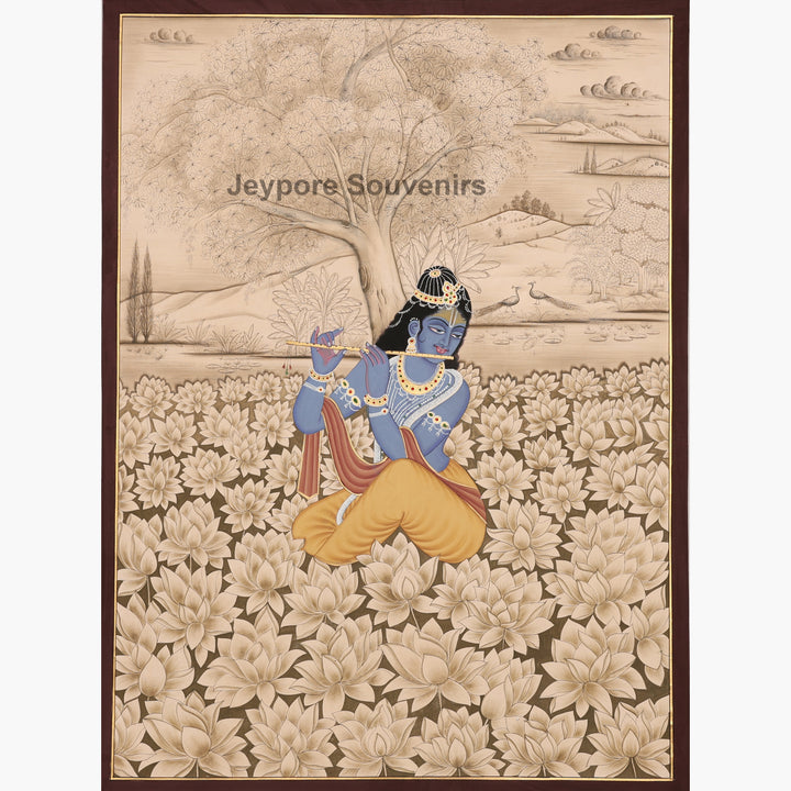 Lord Krishna Playing Flute in Lotus - Hand-Painted Pichwai