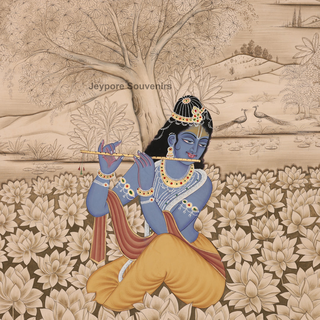 Lord Krishna Playing Flute in Lotus - Hand-Painted Pichwai