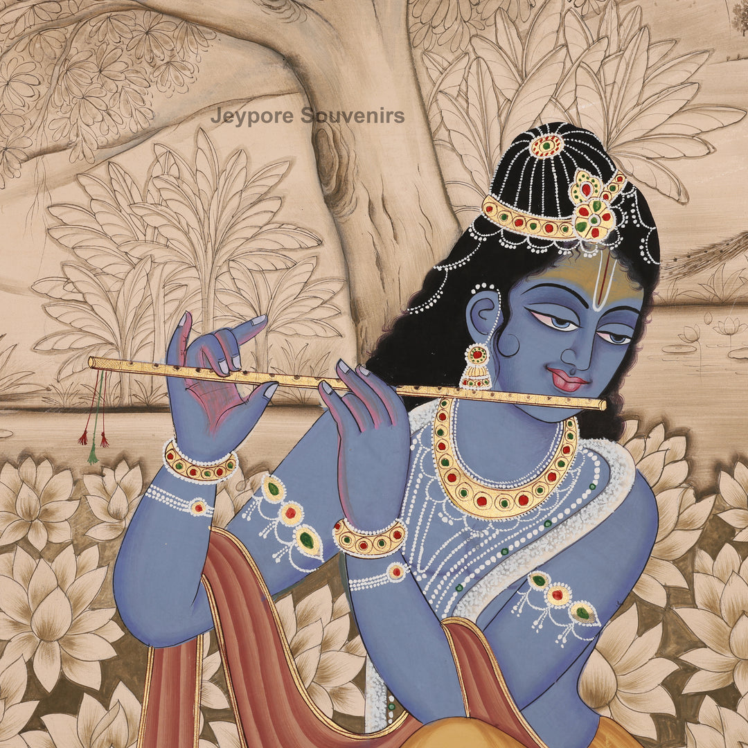 Lord Krishna Playing Flute in Lotus - Hand-Painted Pichwai