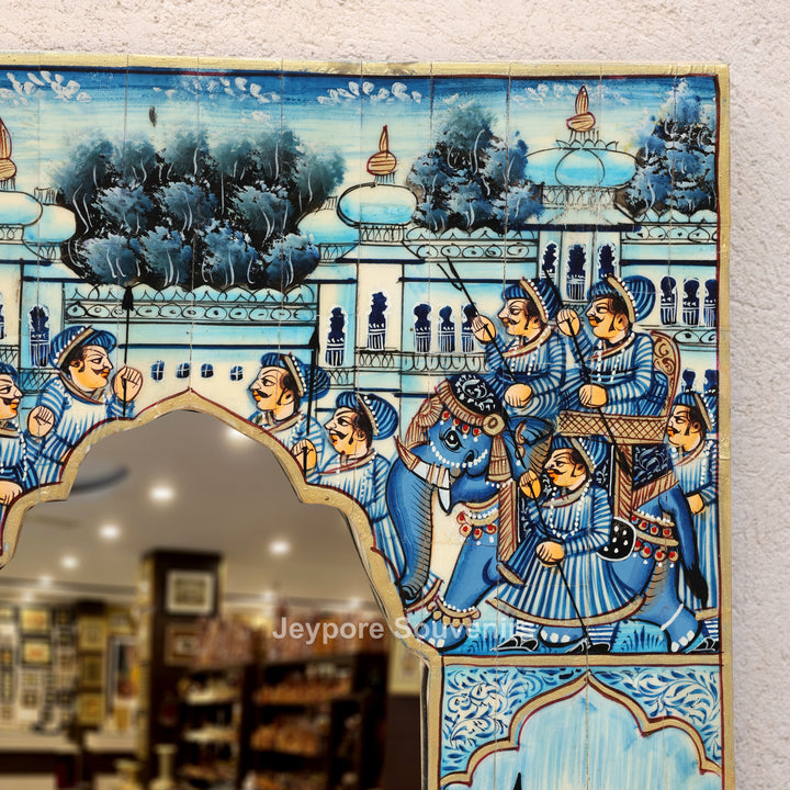 Blue Royal Elephant Procession Camel Bone Inlay Wall Mirror With Rajasthani Miniature Art