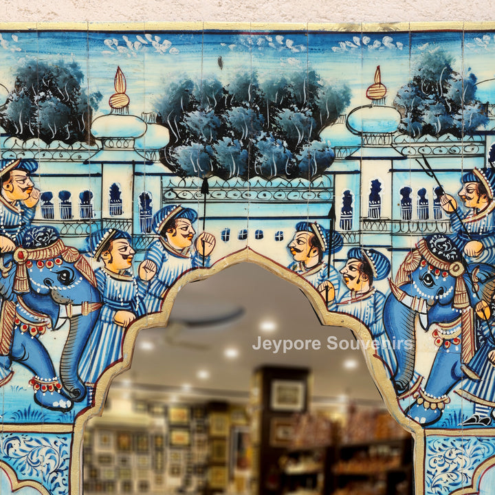 Blue Royal Elephant Procession Camel Bone Inlay Wall Mirror With Rajasthani Miniature Art