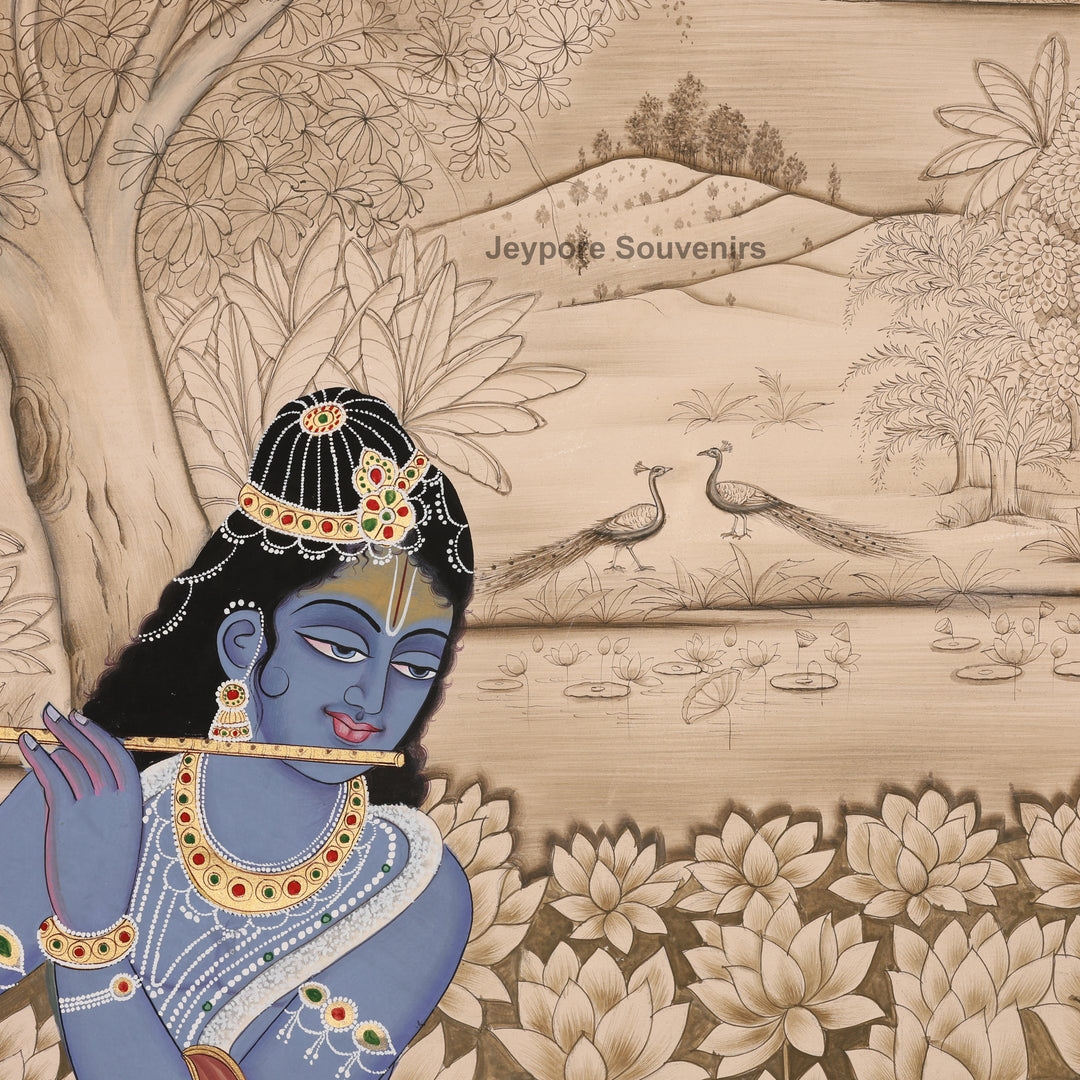 Lord Krishna Playing Flute in Lotus - Hand-Painted Pichwai