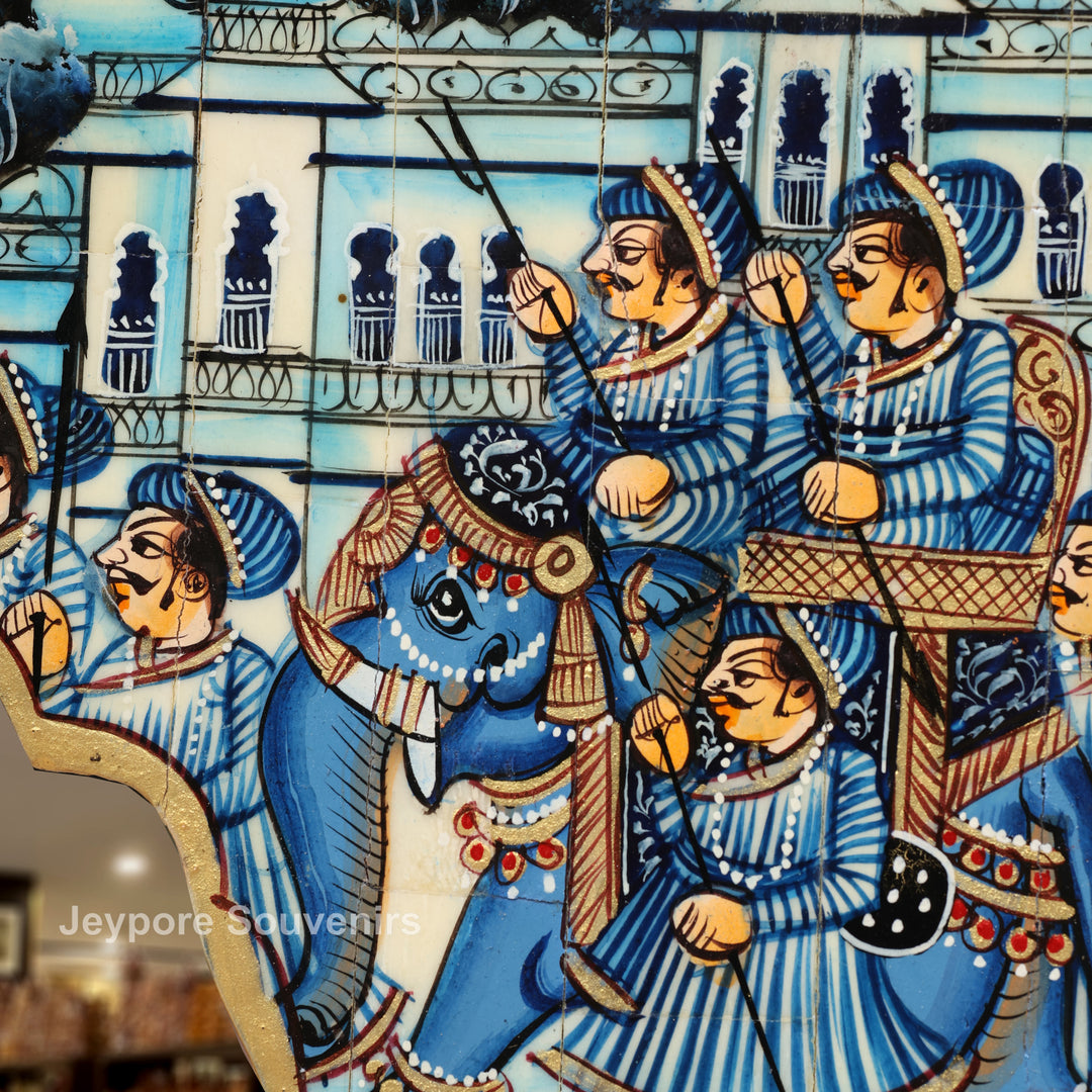 Blue Royal Elephant Procession Camel Bone Inlay Wall Mirror With Rajasthani Miniature Art