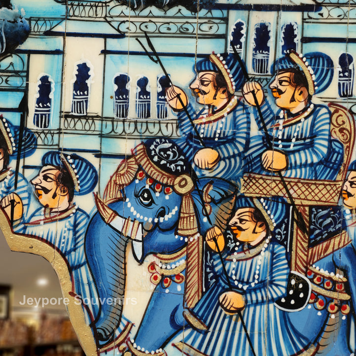 Blue Royal Elephant Procession Camel Bone Inlay Wall Mirror With Rajasthani Miniature Art
