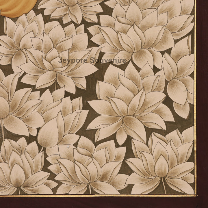Lord Krishna Playing Flute in Lotus - Hand-Painted Pichwai
