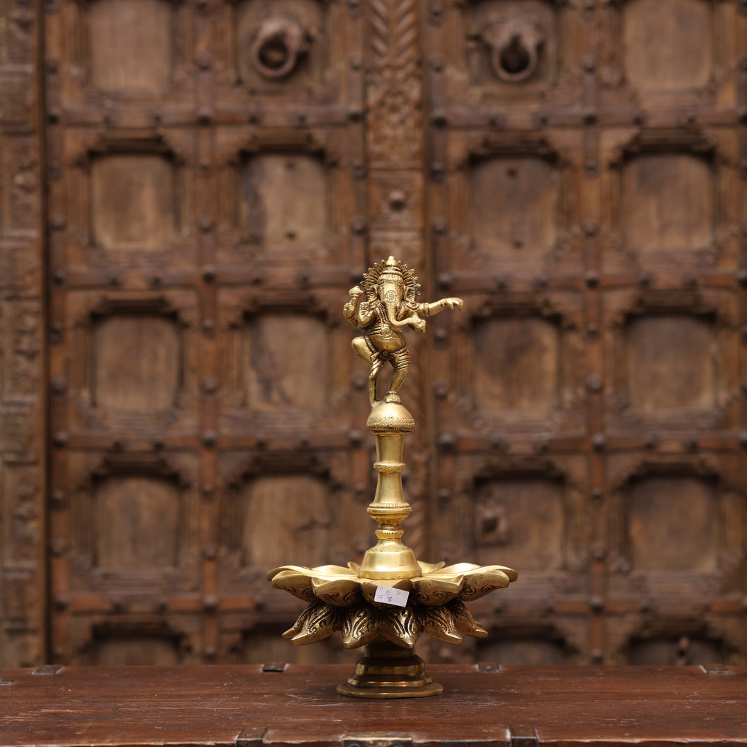 14" Handcrafted Brass Dancing Ganesha Diya Lamp