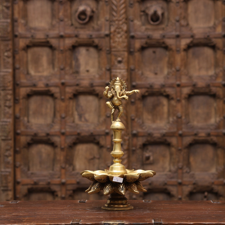 14" Handcrafted Brass Dancing Ganesha Diya Lamp