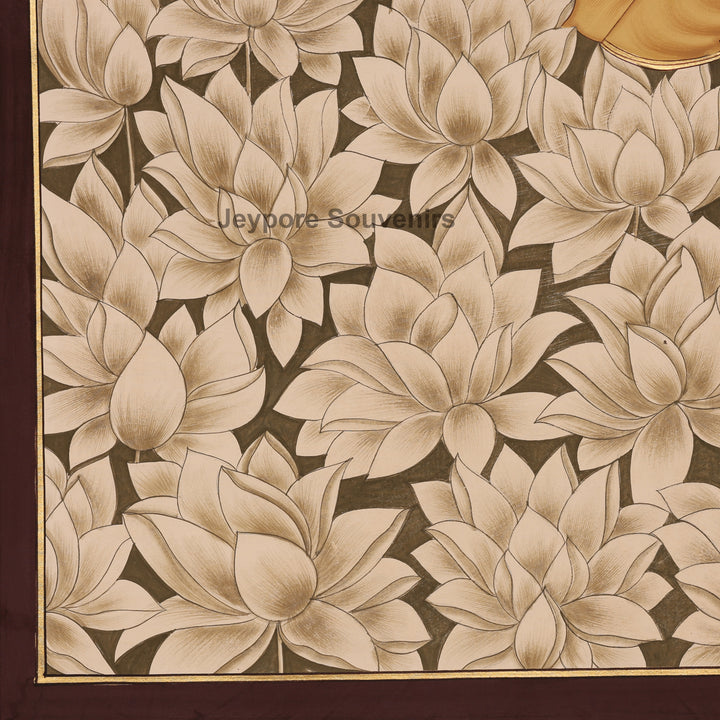 Lord Krishna Playing Flute in Lotus - Hand-Painted Pichwai