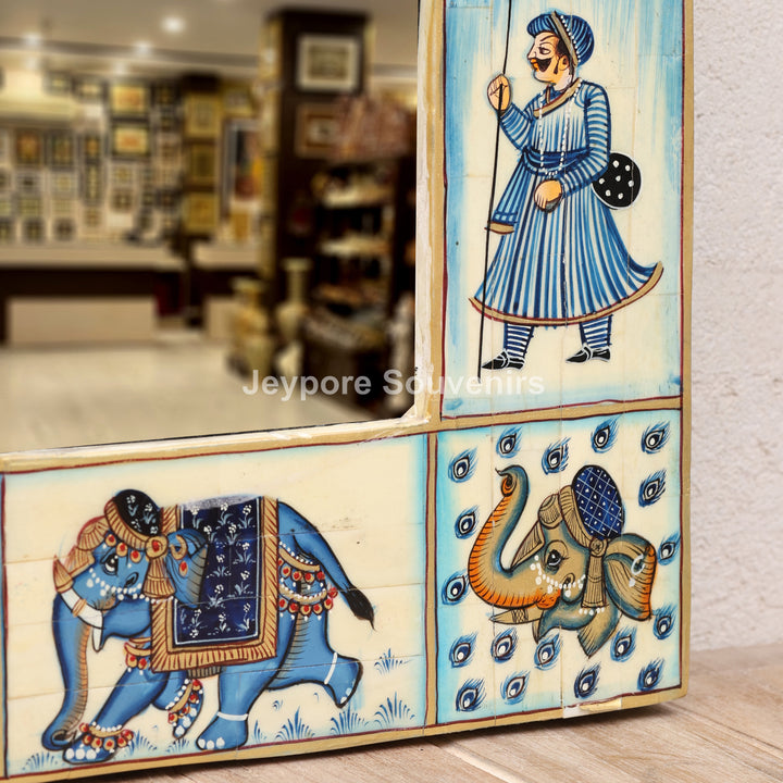 Blue Royal Elephant Procession Camel Bone Inlay Wall Mirror With Rajasthani Miniature Art