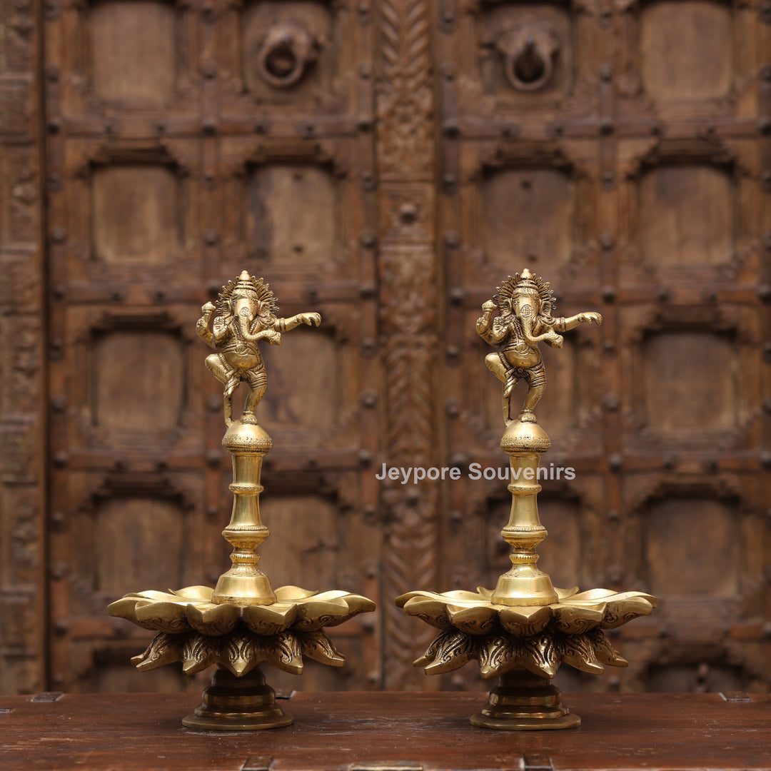 14" Handcrafted Brass Dancing Ganesha Diya Lamp