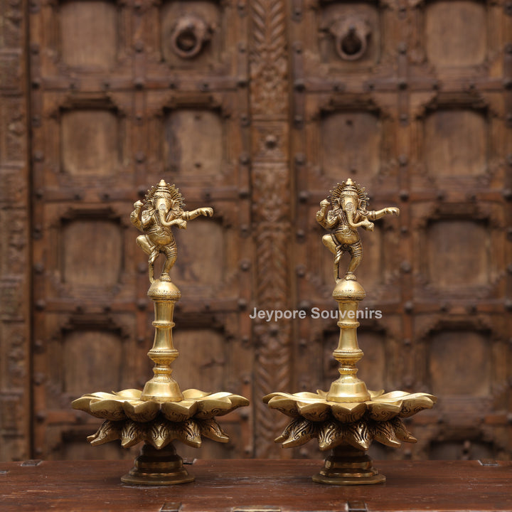 14" Handcrafted Brass Dancing Ganesha Diya Lamp