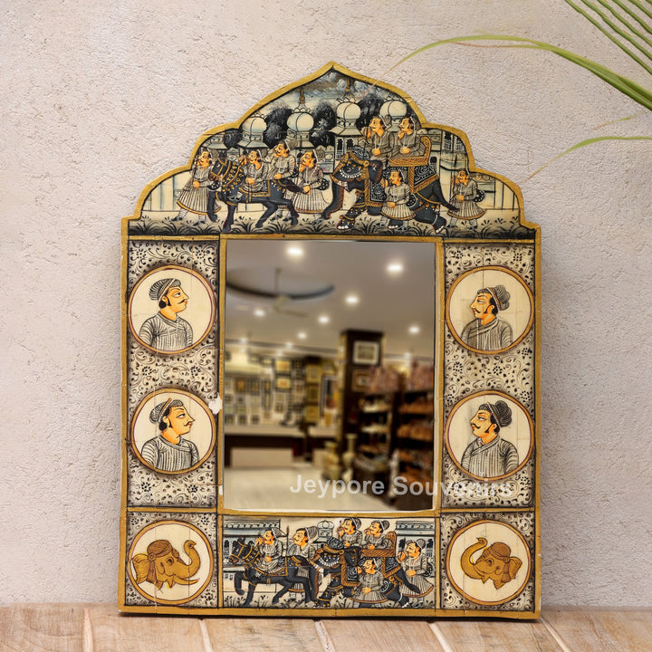Rajasthani Miniature Painting Decorative Camel Bone Inlay Wall Mirror