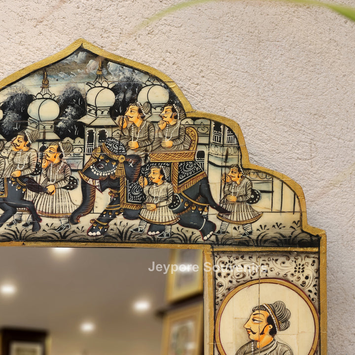 Rajasthani Miniature Painting Decorative Camel Bone Inlay Wall Mirror