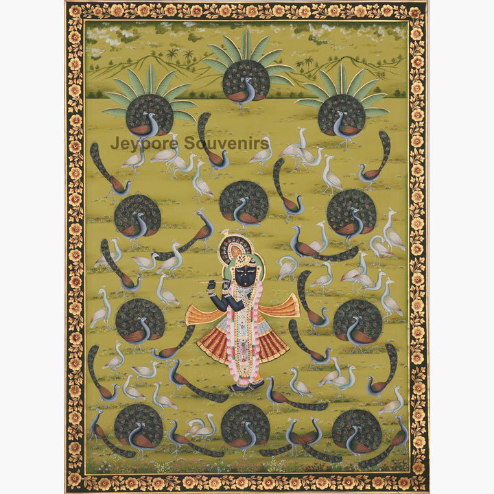 Hand-Painted Krishna in a Peacock Garden – Pichwai