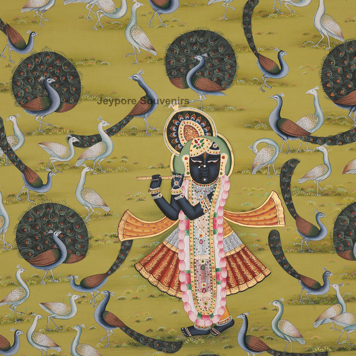 Hand-Painted Krishna in a Peacock Garden – Pichwai
