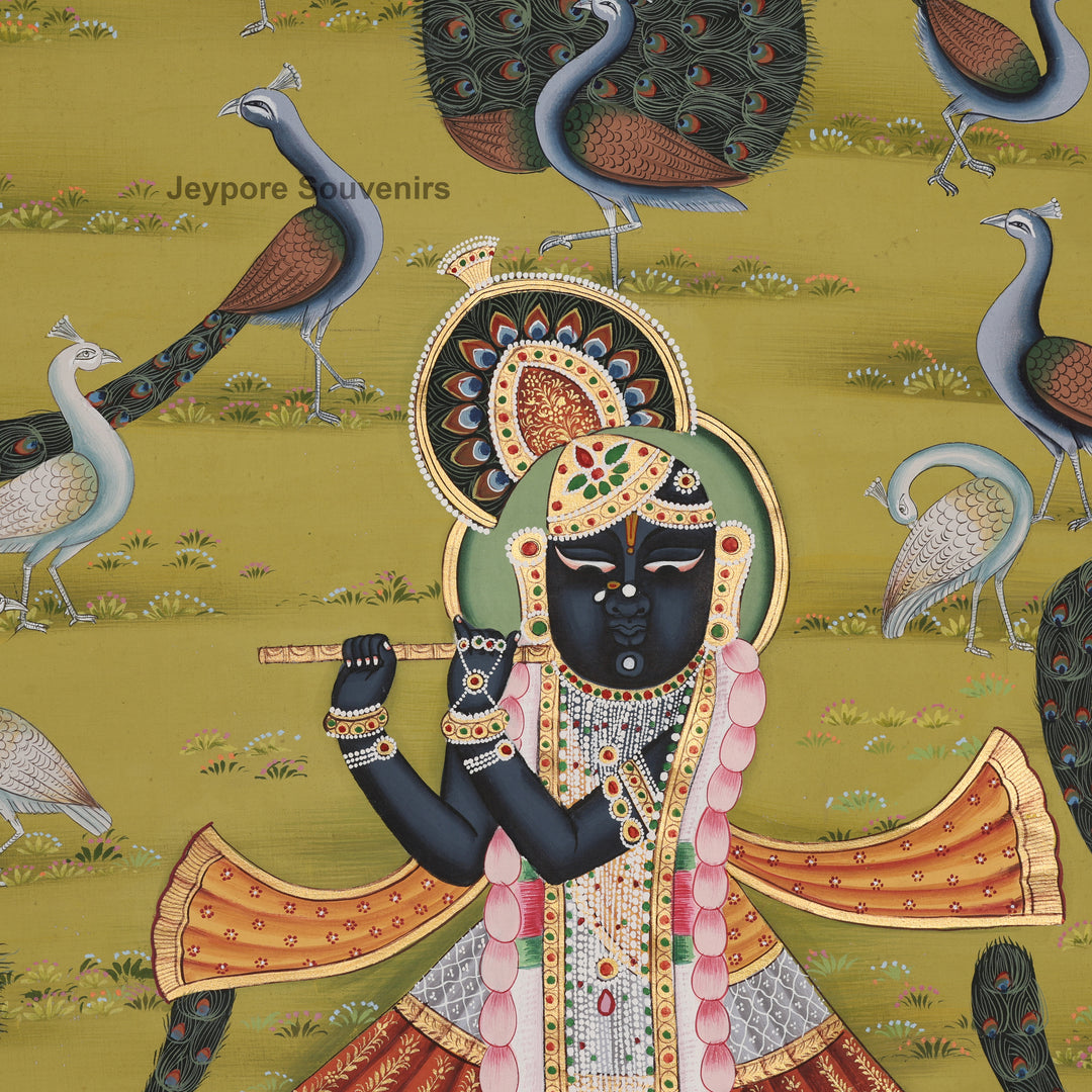 Hand-Painted Krishna in a Peacock Garden – Pichwai