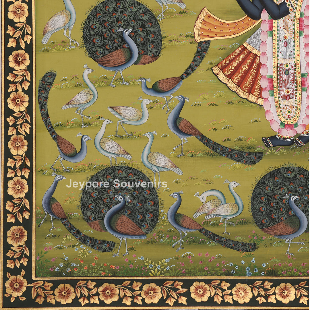 Hand-Painted Krishna in a Peacock Garden – Pichwai
