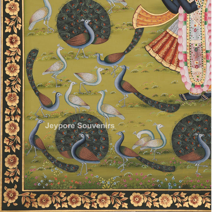 Hand-Painted Krishna in a Peacock Garden – Pichwai