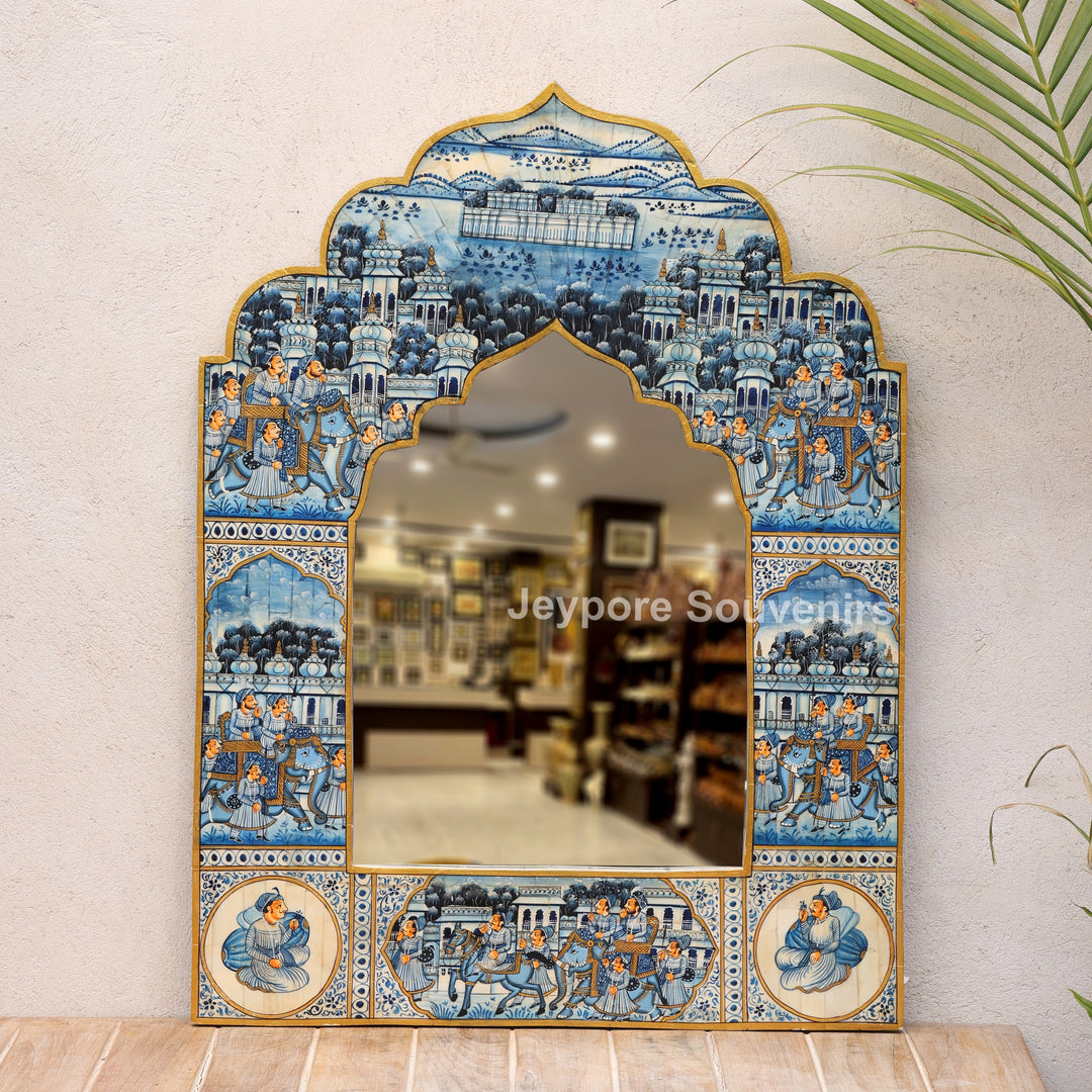 Handcrafted Blue Pottery Style Royal Palace Camel Bone Inlay Wall Mirror